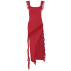 Ruffle Strap Square Neck Diagonal Cascade Ruffle High Slit Maxi Dress