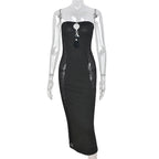 Strapless Pearl Hardware Cut Out Mesh Panel Bodycon Maxi Dress
