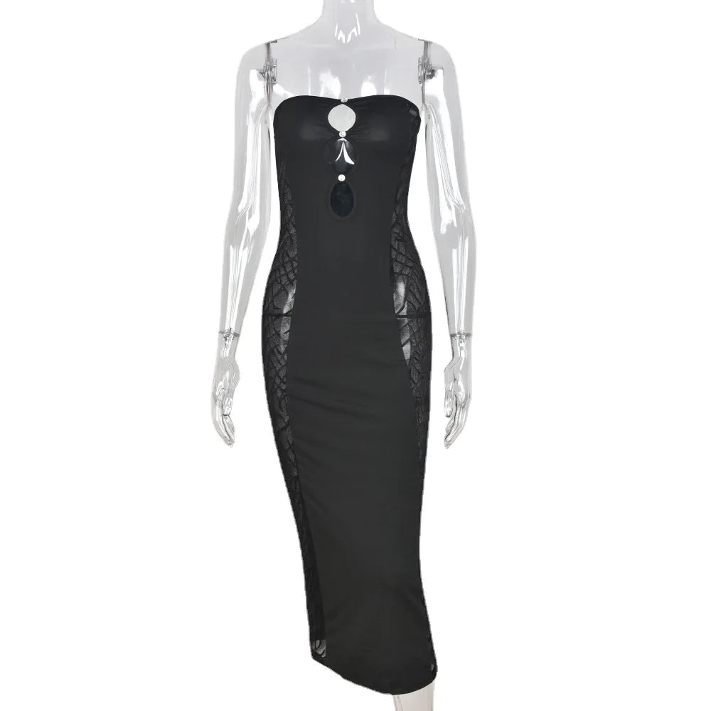 Strapless Pearl Hardware Cut Out Mesh Panel Bodycon Maxi Dress