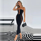 Strapless Front Cutout Ring Detail Mesh Panel Bodycon Midi Dress