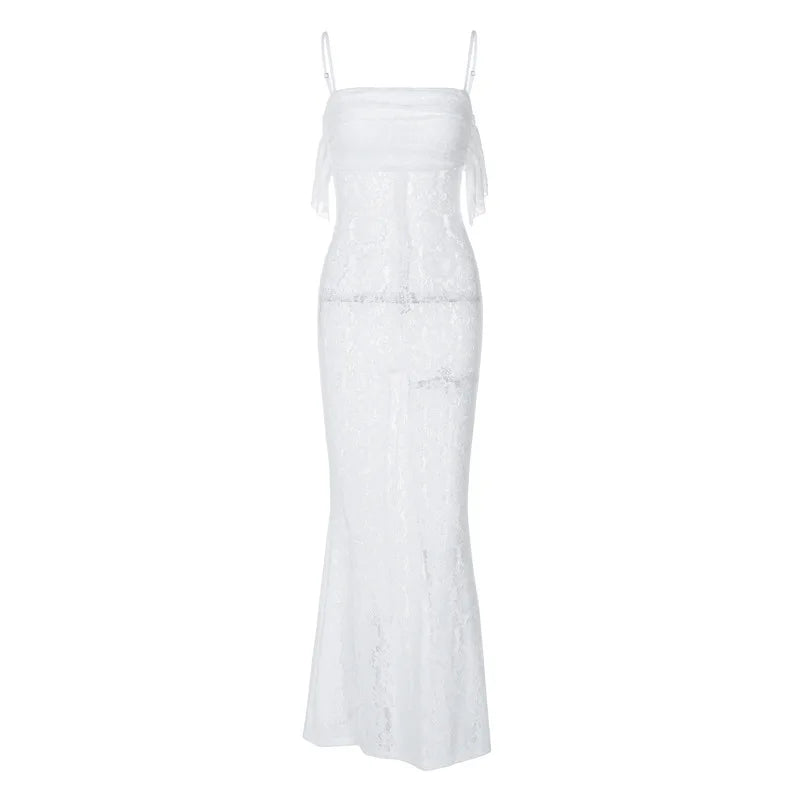 Square Neck Ruched Bust Floral Lace Bodycon Maxi Dress