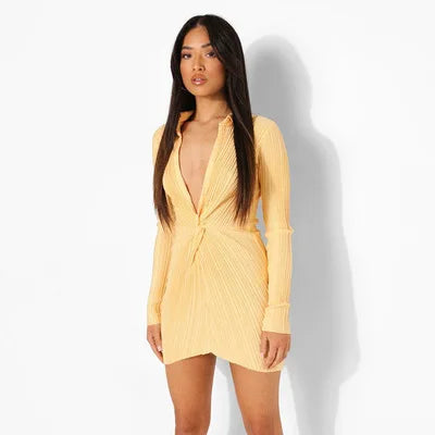 Plisse Collared Deep V-Neck Twist Waist Long Sleeve Jumpsuit