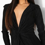 Plisse Deep V Collar Twist Waist Long Sleeve Bodycon Midi Dress