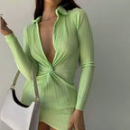 Plisse Deep V Collar Twist Waist Long Sleeve Bodycon Midi Dress