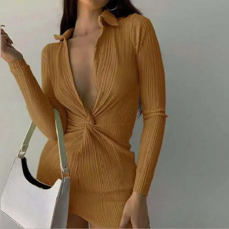 Plisse Deep V Collar Twist Waist Long Sleeve Bodycon Midi Dress