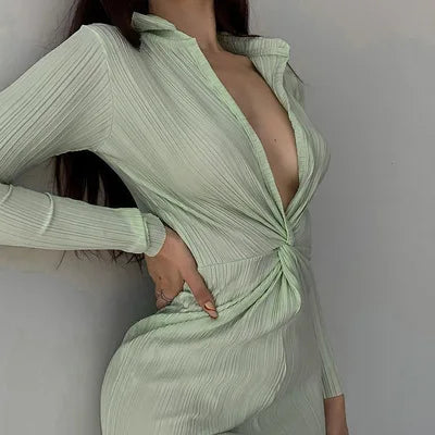 Plisse Deep V Collar Twist Waist Long Sleeve Bodycon Midi Dress