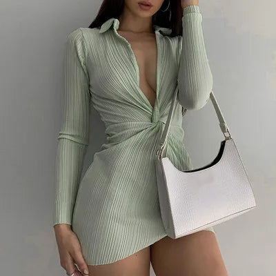Plisse Deep V Collar Twist Waist Long Sleeve Bodycon Midi Dress