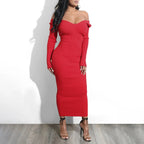 Rib Knit Off Shoulder Long Sleeve Bodycon Maxi Dress
