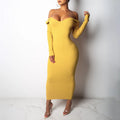 Rib Knit Off Shoulder Long Sleeve Bodycon Maxi Dress