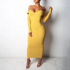 Rib Knit Off Shoulder Long Sleeve Bodycon Maxi Dress