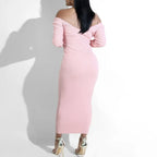 Rib Knit Off Shoulder Long Sleeve Bodycon Maxi Dress