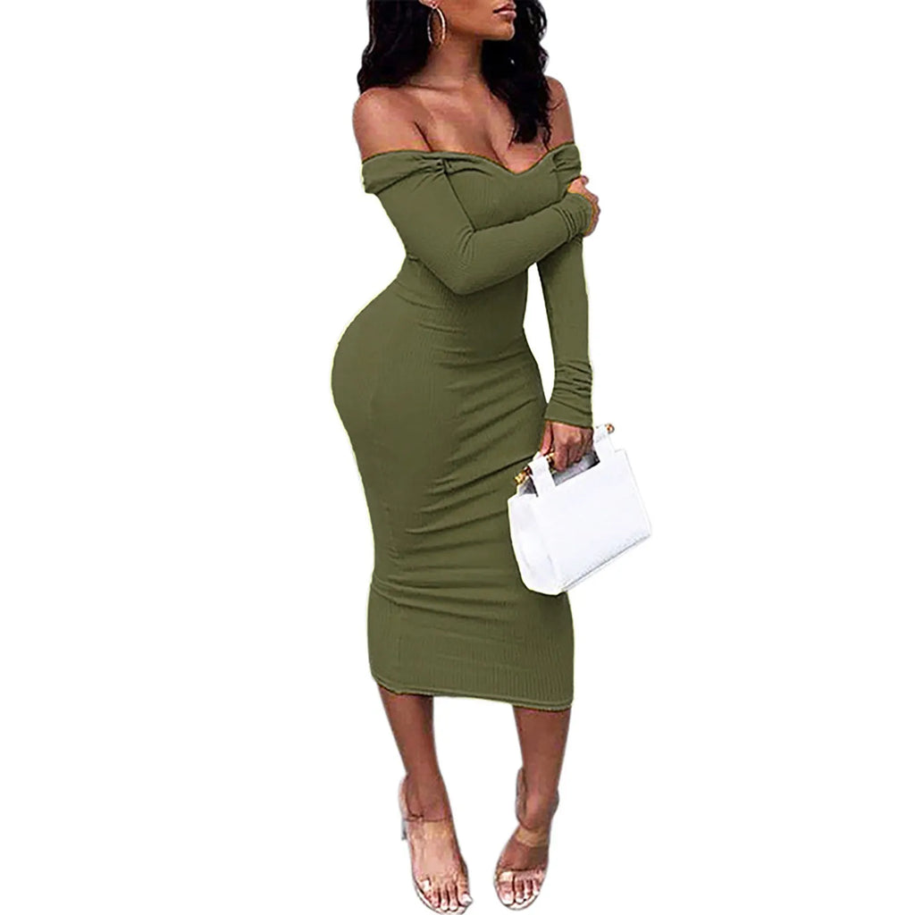 Rib Knit Off Shoulder Long Sleeve Bodycon Maxi Dress