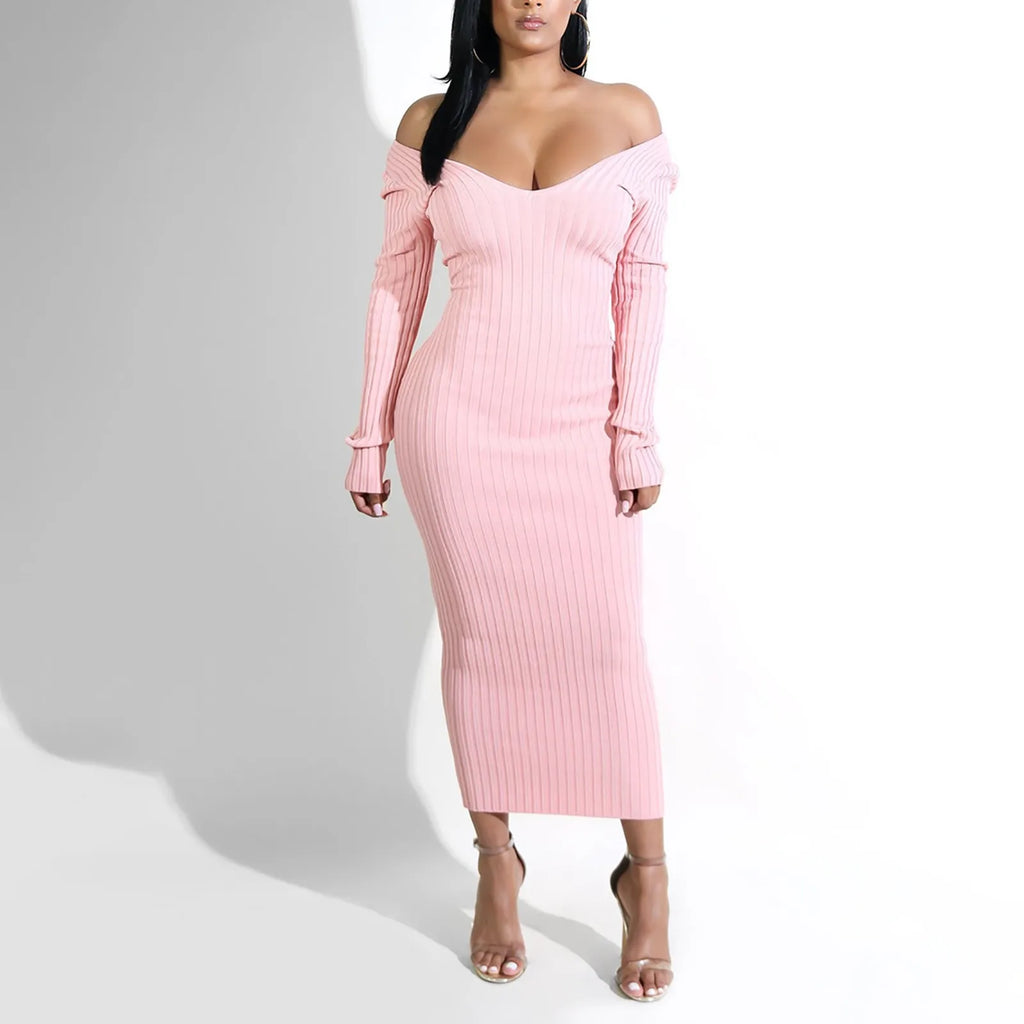 Rib Knit Off Shoulder Long Sleeve Bodycon Maxi Dress