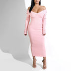 Rib Knit Off Shoulder Long Sleeve Bodycon Maxi Dress