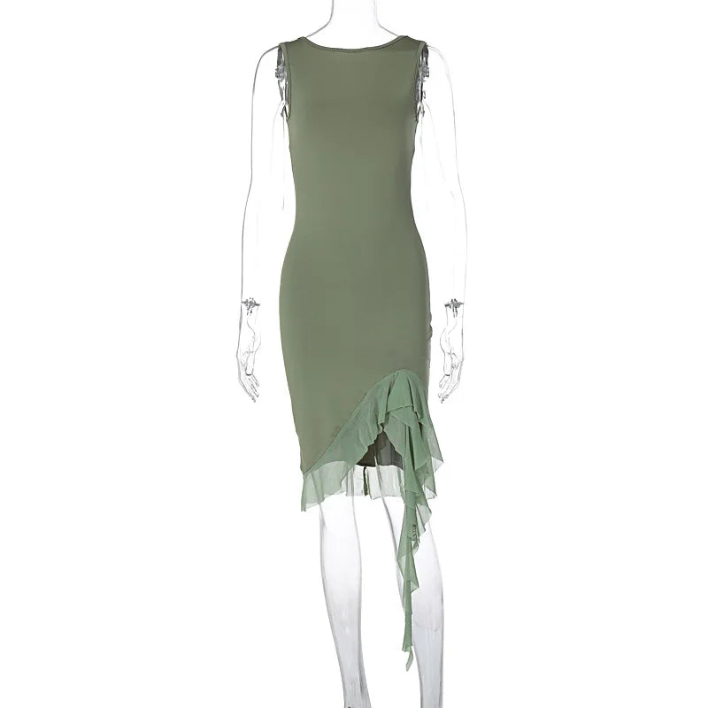 Boat Neck Sleeveless Bodycon Asymmetric Ruffle Hem Midi Dress