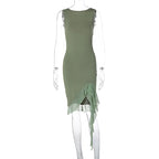Boat Neck Sleeveless Bodycon Asymmetric Ruffle Hem Midi Dress