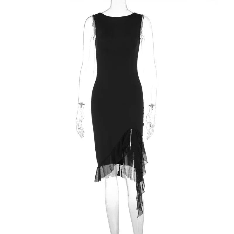 Boat Neck Sleeveless Bodycon Asymmetric Ruffle Hem Midi Dress