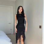 Boat Neck Sleeveless Bodycon Asymmetric Ruffle Hem Midi Dress