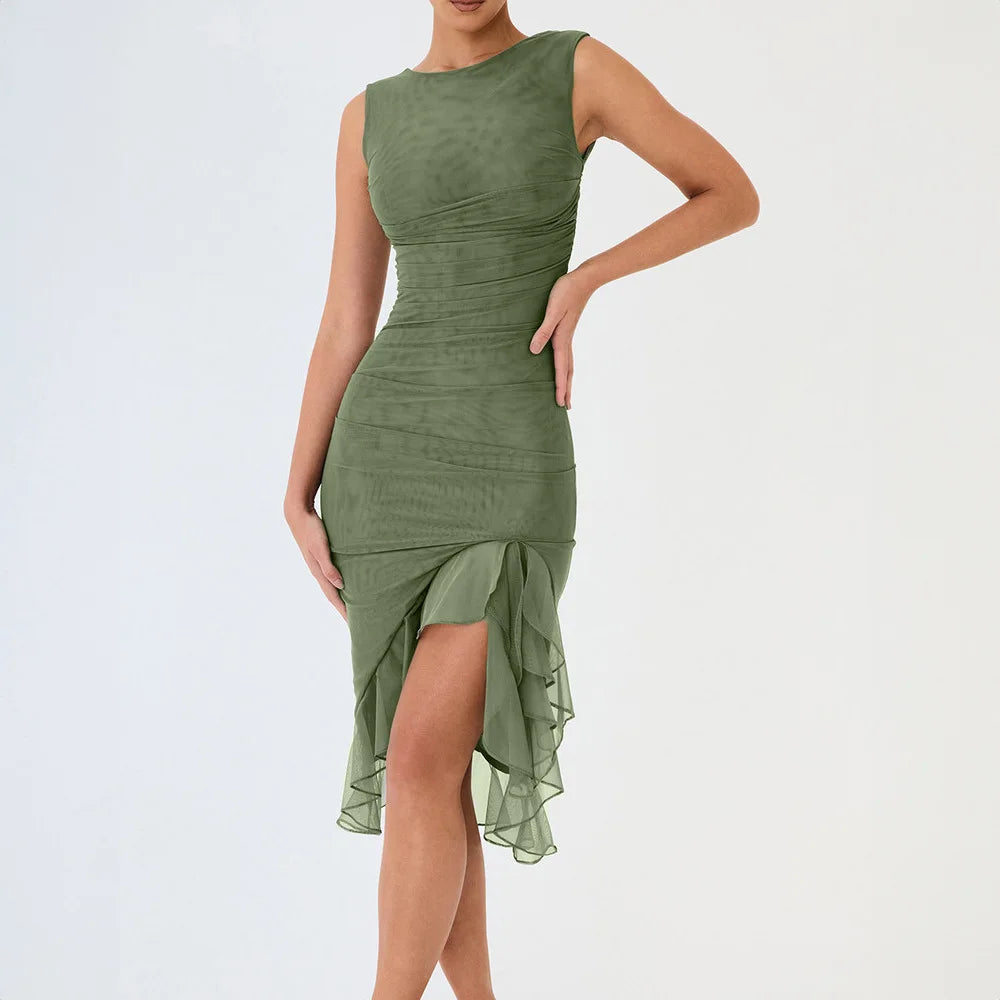 Boat Neck Sleeveless Bodycon Asymmetric Ruffle Hem Midi Dress