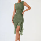 Boat Neck Sleeveless Bodycon Asymmetric Ruffle Hem Midi Dress
