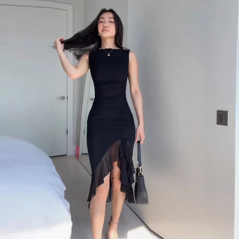 Boat Neck Sleeveless Bodycon Asymmetric Ruffle Hem Midi Dress
