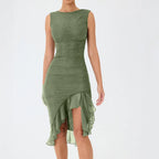 Boat Neck Sleeveless Bodycon Asymmetric Ruffle Hem Midi Dress