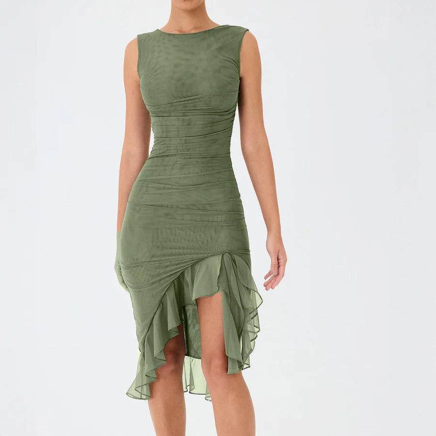 Boat Neck Sleeveless Bodycon Asymmetric Ruffle Hem Midi Dress