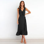Ruffle Trim V-Neck Wrap Style Tiered Ruffle Hem Midi Dress