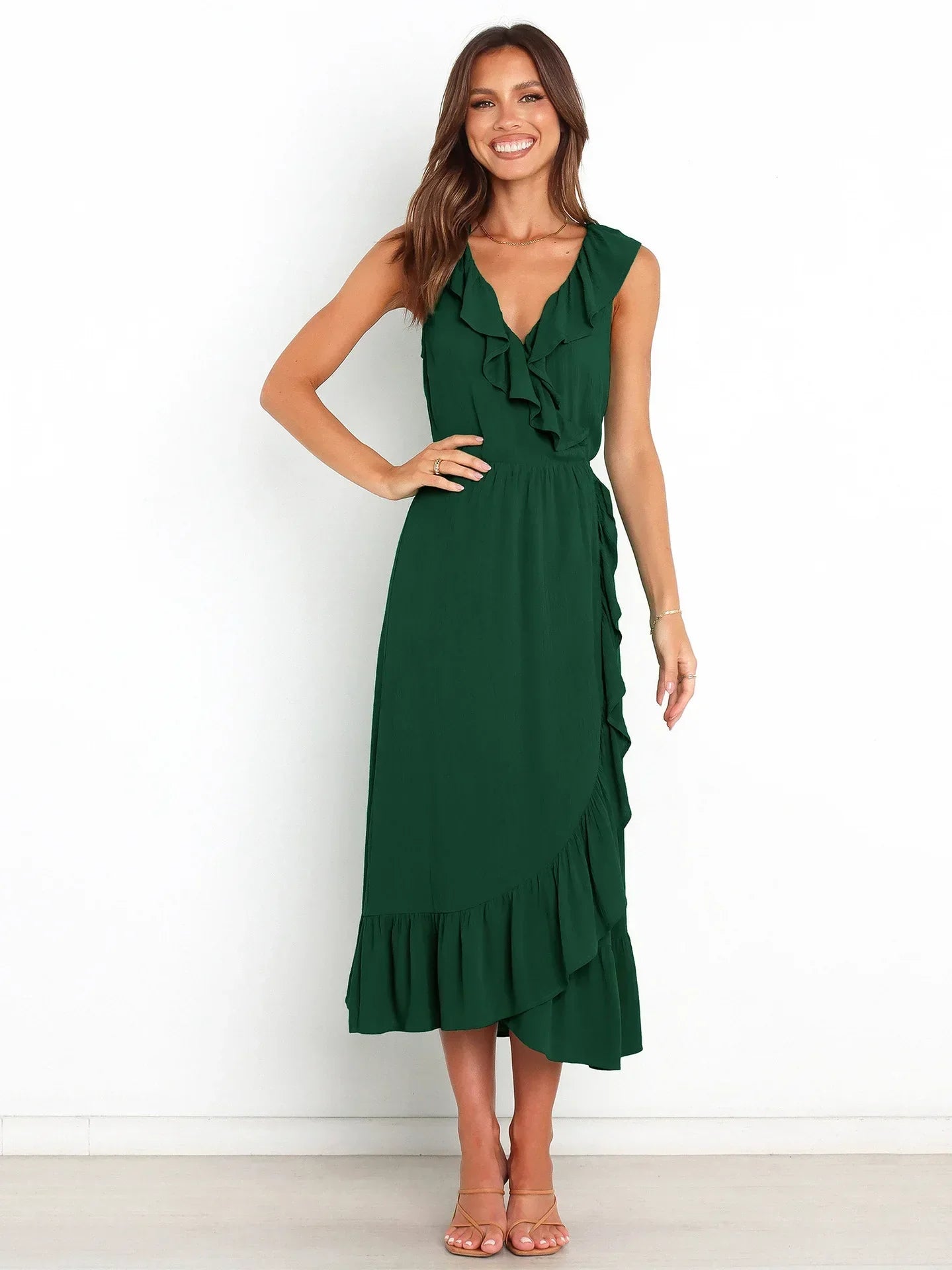 Ruffle Trim Wrap Front Sleeveless Ruffled Hem Midi Dress