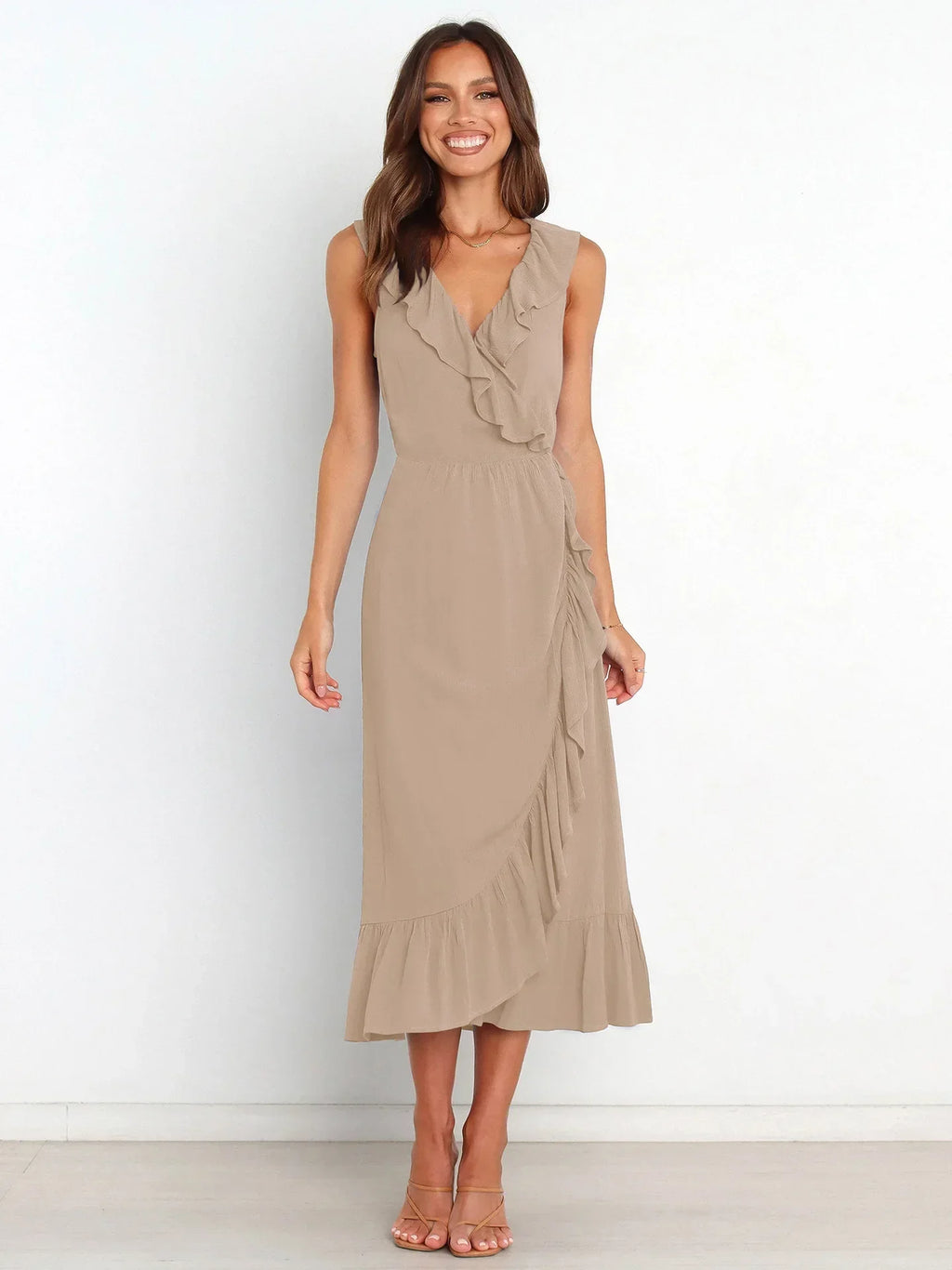 Ruffle Trim Wrap Front Sleeveless Ruffled Hem Midi Dress