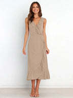 Ruffle Trim Wrap Front Sleeveless Ruffled Hem Midi Dress