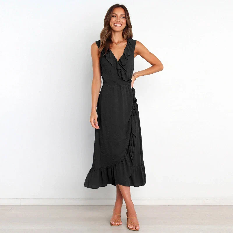Ruffle Trim Wrap Front Sleeveless Ruffled Hem Midi Dress