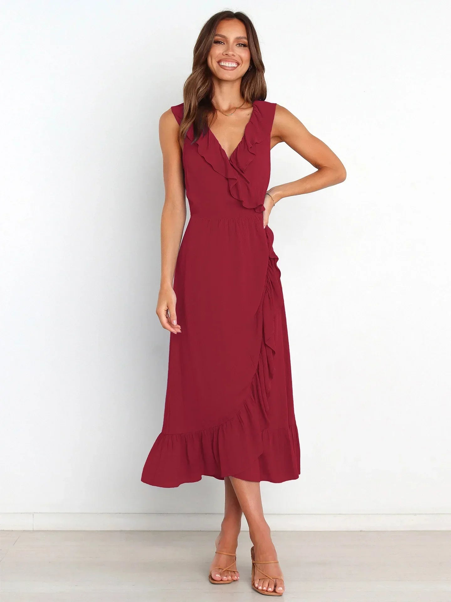 Ruffle Trim V-Neck Wrap Style Tiered Ruffle Hem Midi Dress