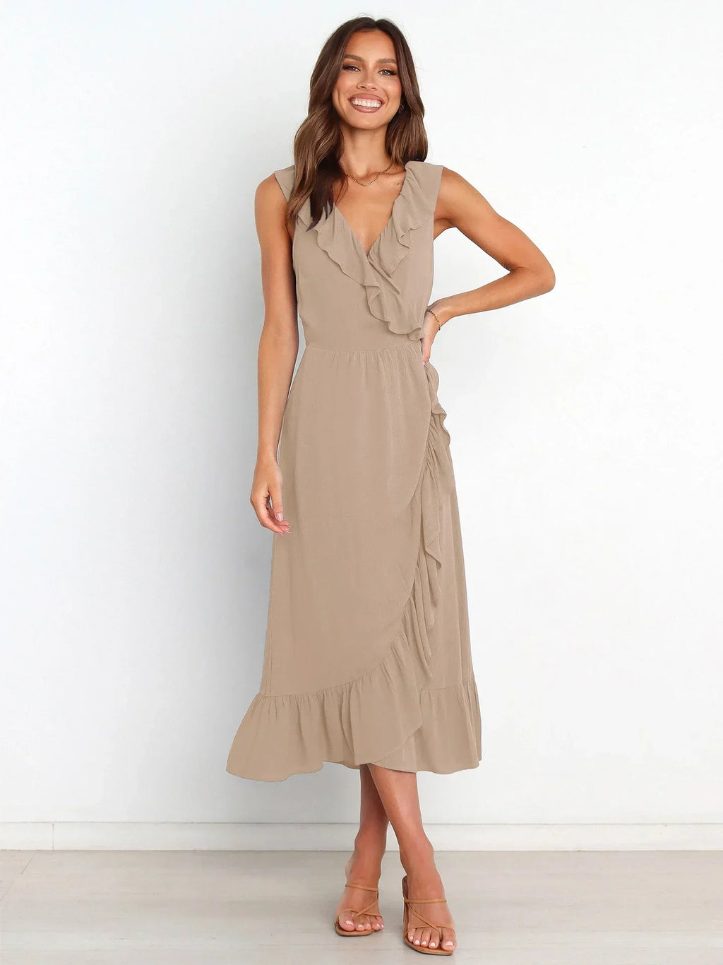 Ruffle Trim Wrap Front Sleeveless Ruffled Hem Midi Dress