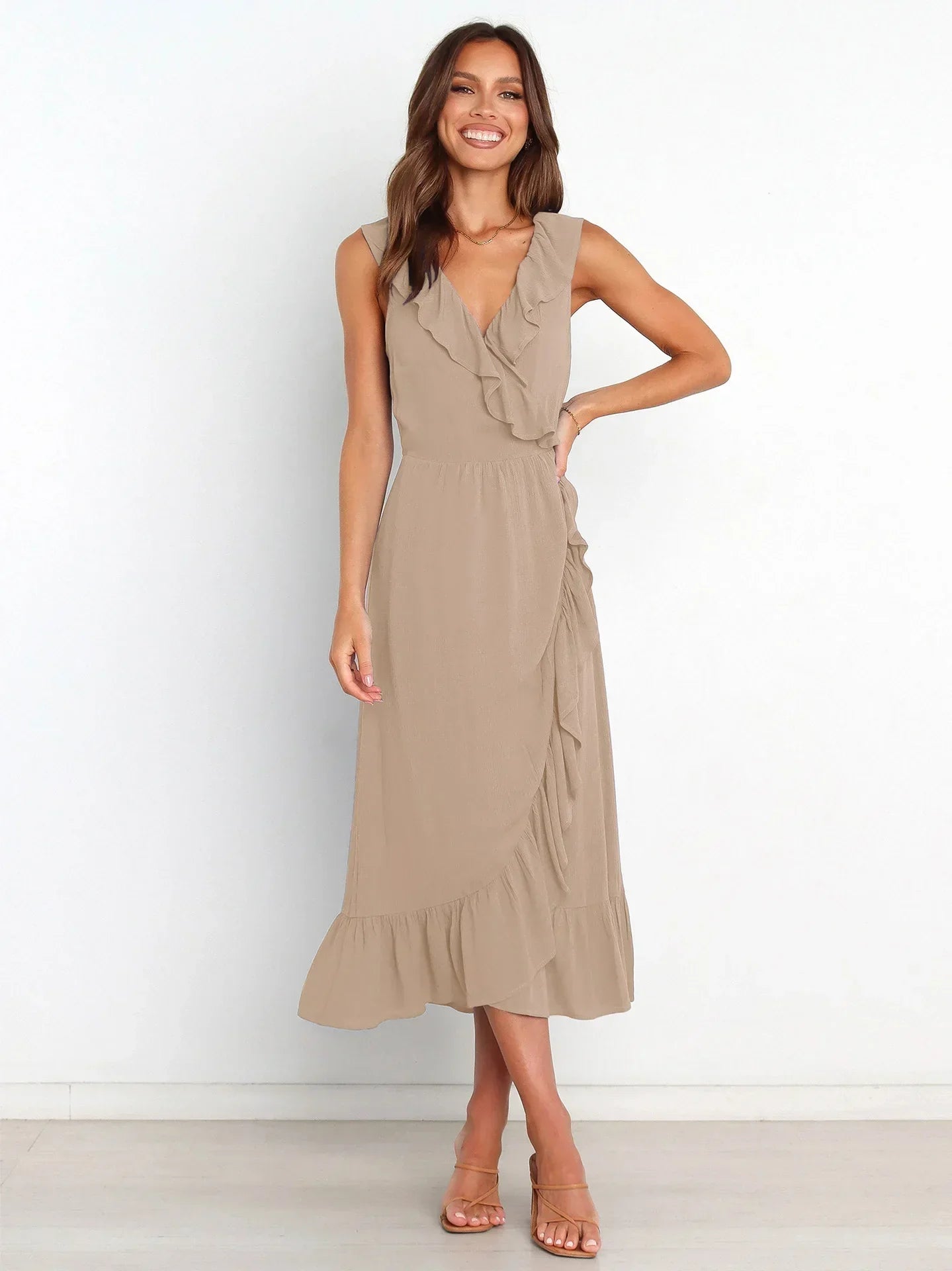 Ruffle Trim Wrap Front Sleeveless Ruffled Hem Midi Dress