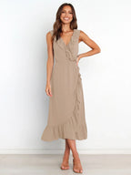 Ruffle Trim V-Neck Wrap Style Tiered Ruffle Hem Midi Dress