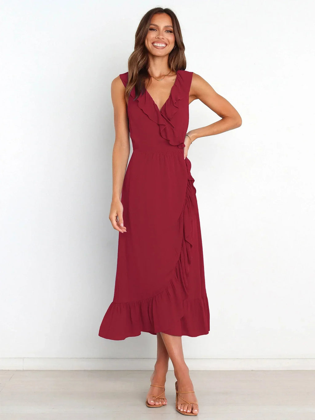 Ruffle Trim Wrap Front Sleeveless Ruffled Hem Midi Dress