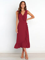 Ruffle Trim Wrap Front Sleeveless Ruffled Hem Midi Dress