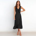 Ruffle Trim Wrap Front Sleeveless Ruffled Hem Midi Dress