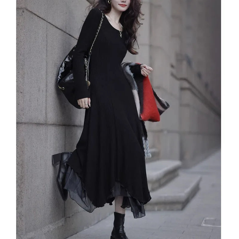Ribbed Knit Handkerchief Hem Layered Midi Dress