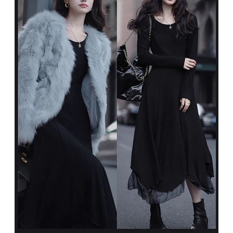 Rib Knit Round Neck Long Sleeve Tiered Handkerchief Hem Maxi Dress