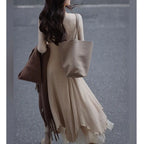 Ribbed Knit Handkerchief Hem Layered Midi Dress