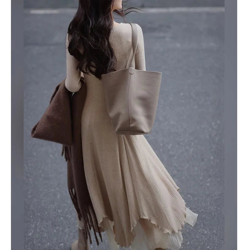 Ribbed Knit Handkerchief Hem Layered Midi Dress