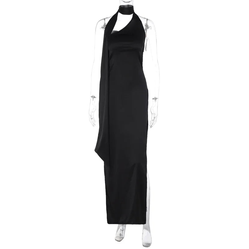 Satin Halter Choker Scarf Drape High Split Maxi Gown
