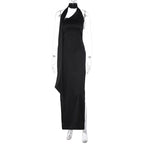 Satin Halter Choker Scarf Drape High Split Maxi Gown