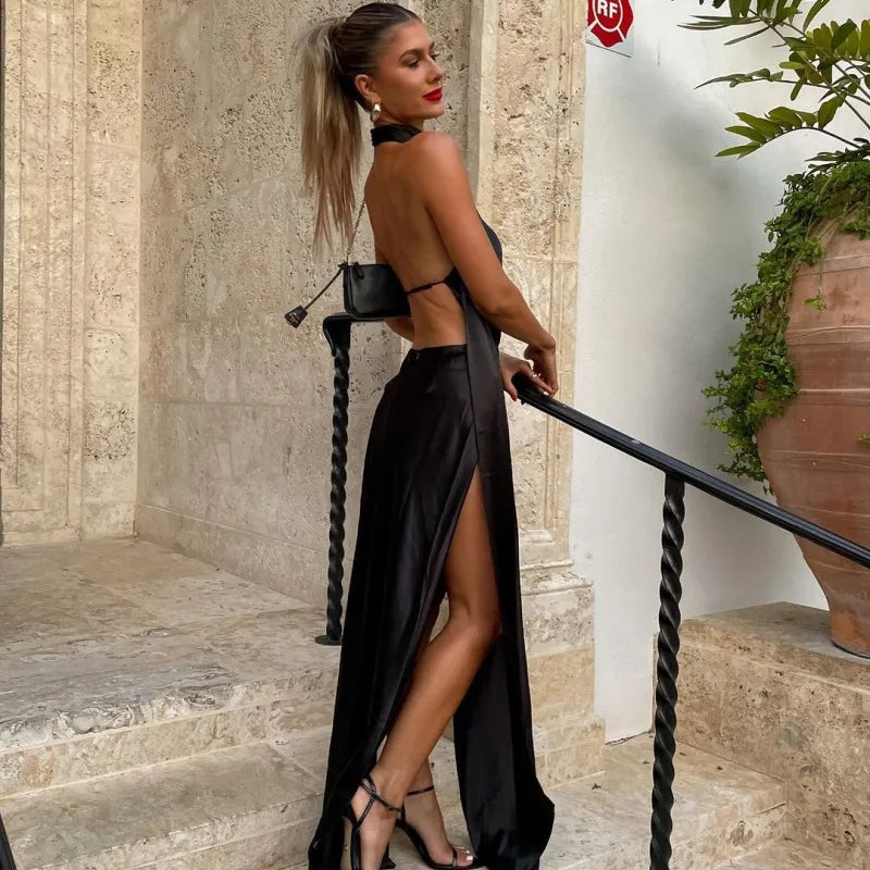 Satin Halter Choker Scarf Drape High Split Maxi Gown