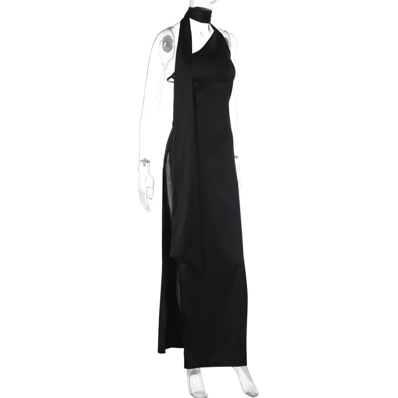 Satin Halter Choker Scarf Drape High Split Maxi Gown