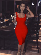 Deep Scoop Neck Wide Strap Tank Ruched Hip Bodycon Midi Dress