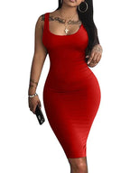 Deep Scoop Neck Wide Strap Tank Ruched Hip Bodycon Midi Dress