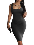 Deep Scoop Neck Wide Strap Tank Ruched Hip Bodycon Midi Dress